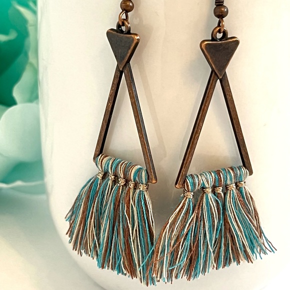 Boho Geometric Ethnic Tassel Dangle Earrings - Picture 2 of 3